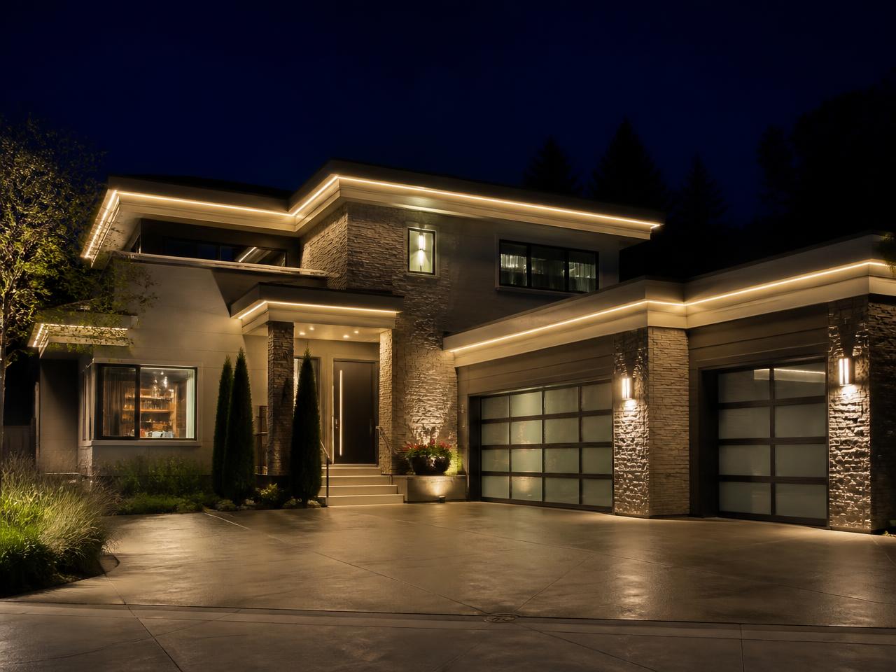 Modern home at night with permanent architectural roofline lighting