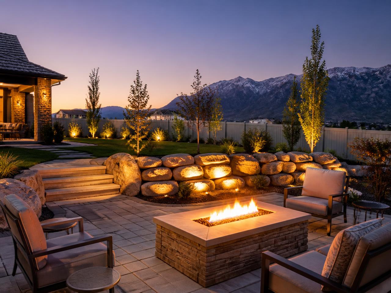 Backyard paver patio with stone retaining wall, fire pit and landscape lighting at dusk