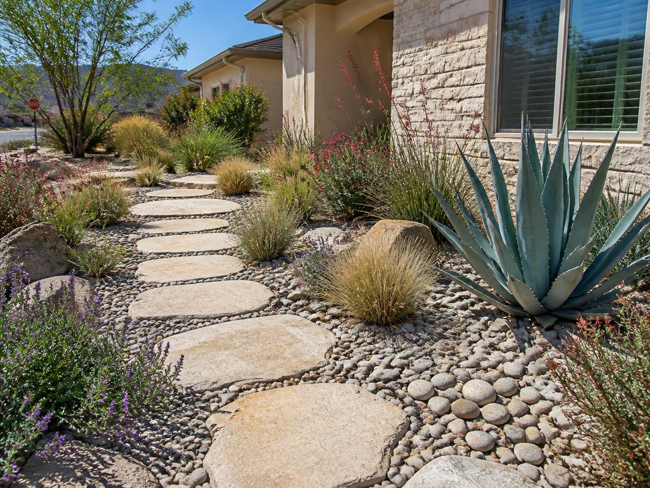 Xeriscape yard with agave, grasses, river rock and a flagstone path